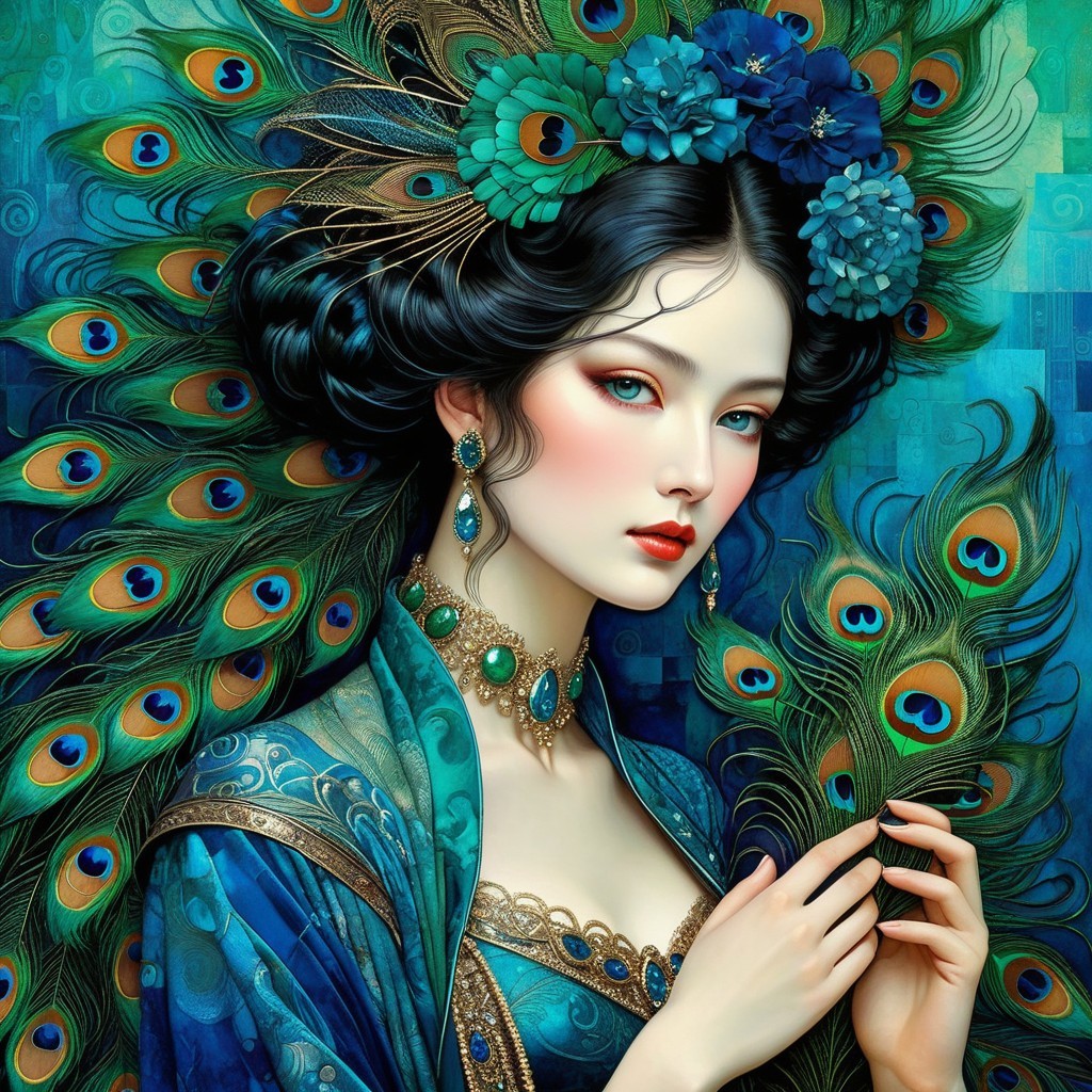 Elegant Woman in Blue Gown with Peacock Feathers