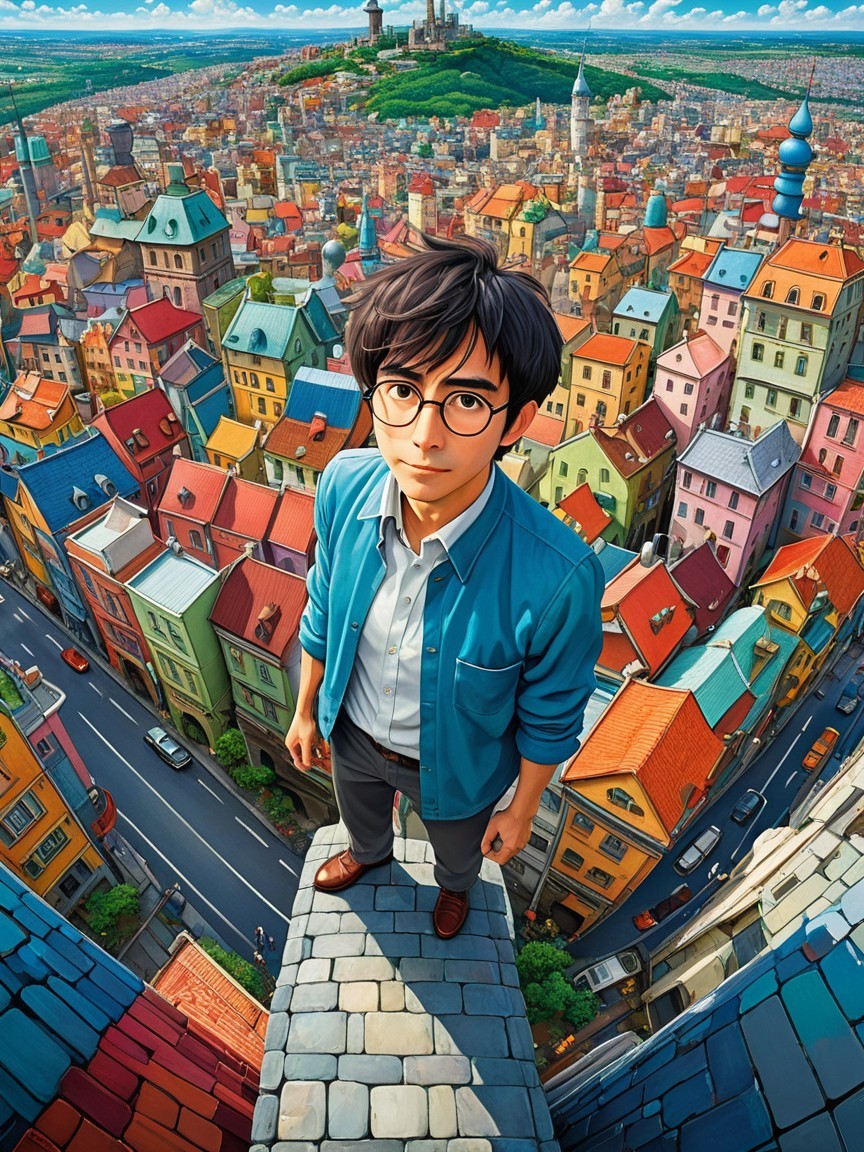 Young man on rooftop overlooking colorful cityscape