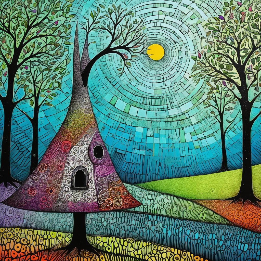 Colorful Abstract Cone-Shaped House in Whimsical Landscape