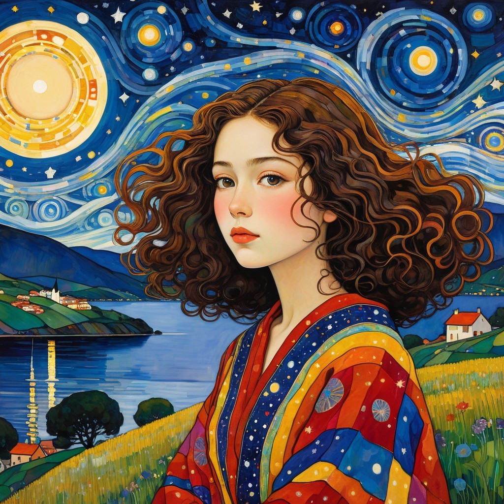 Young girl in colorful robe against vibrant night sky
