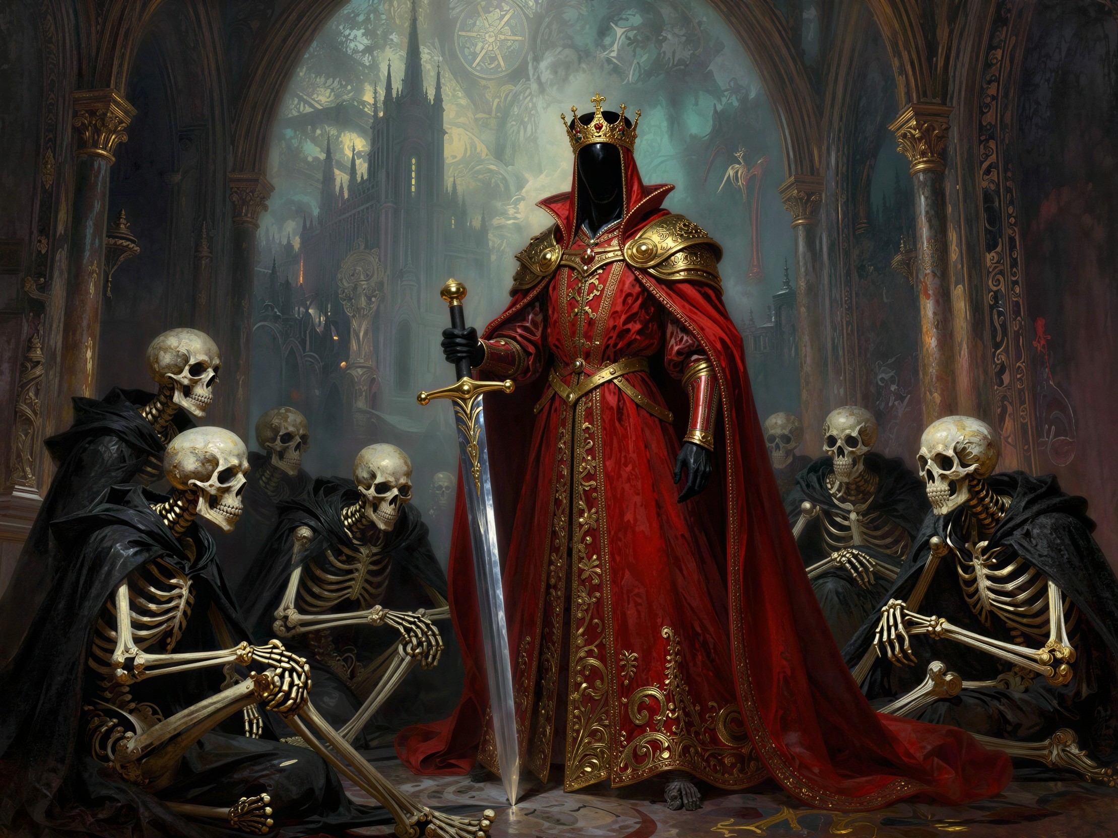 Dark Fantasy Scene of a King Surrounded by Skeletons