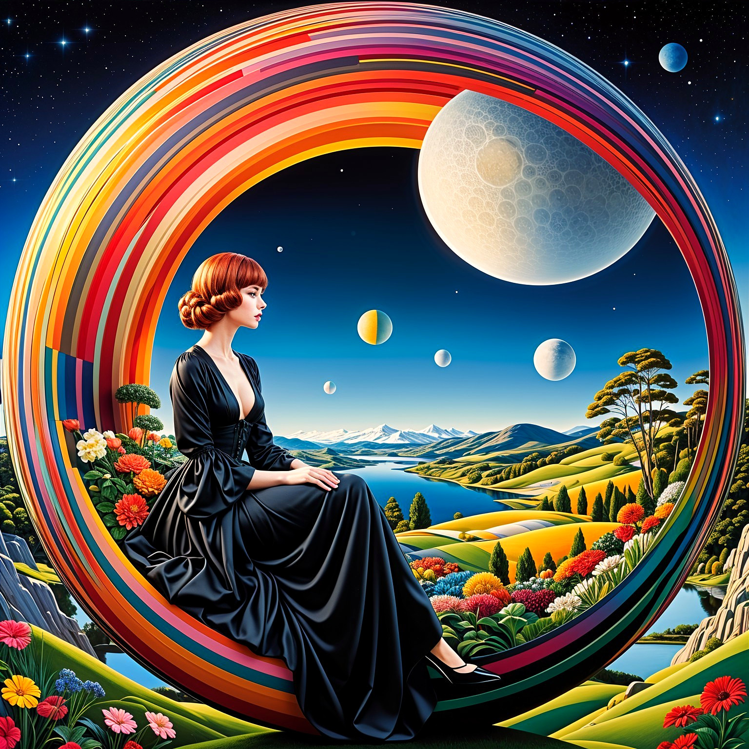 Woman in Black Dress Surrounded by Colorful Landscape
