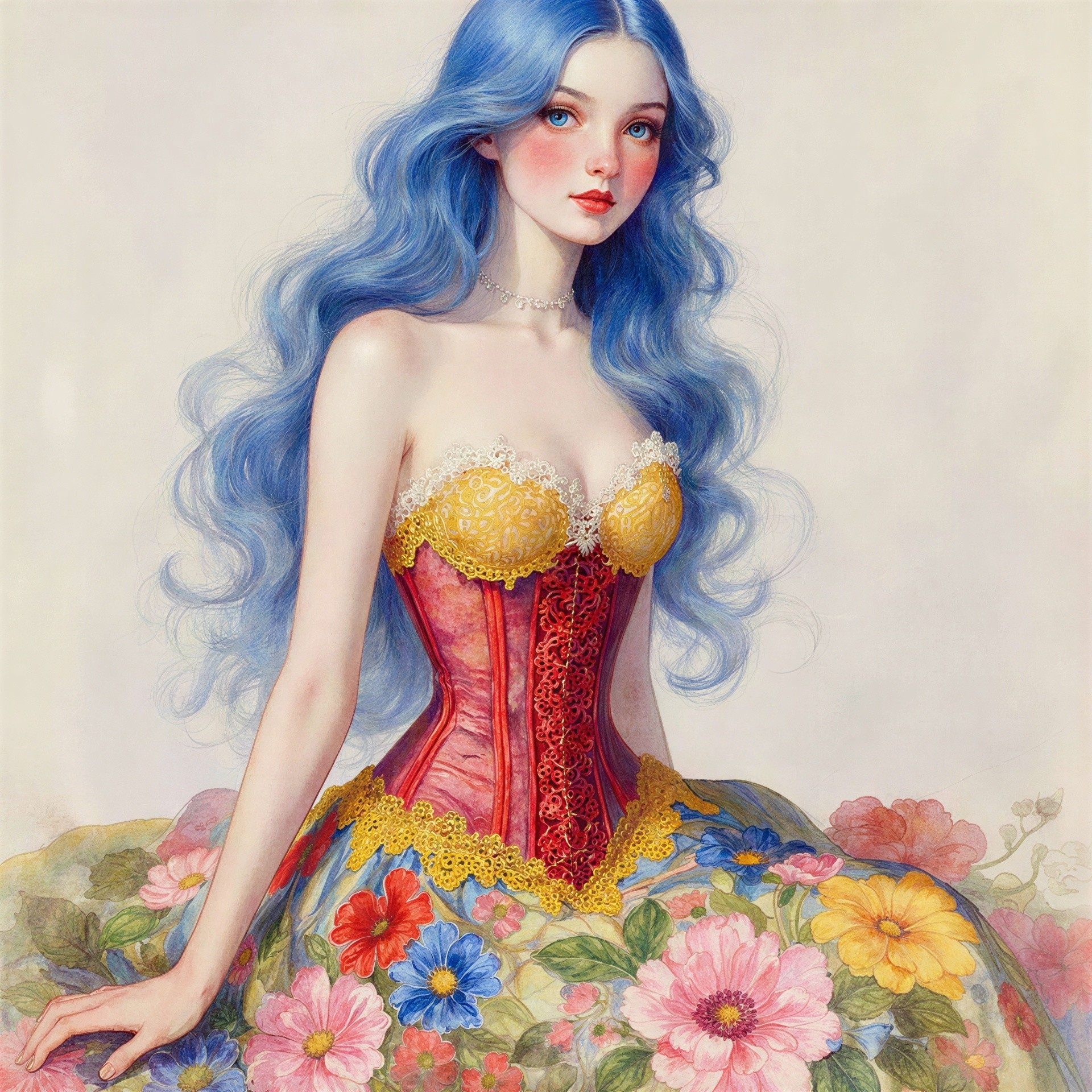 High-angle shot of woman with blue hair and floral outfit