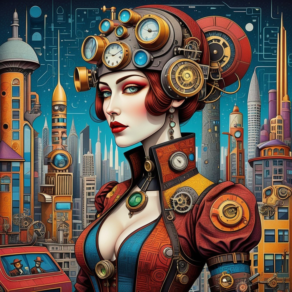 Steampunk Woman with Red Hair in Futuristic Cityscape
