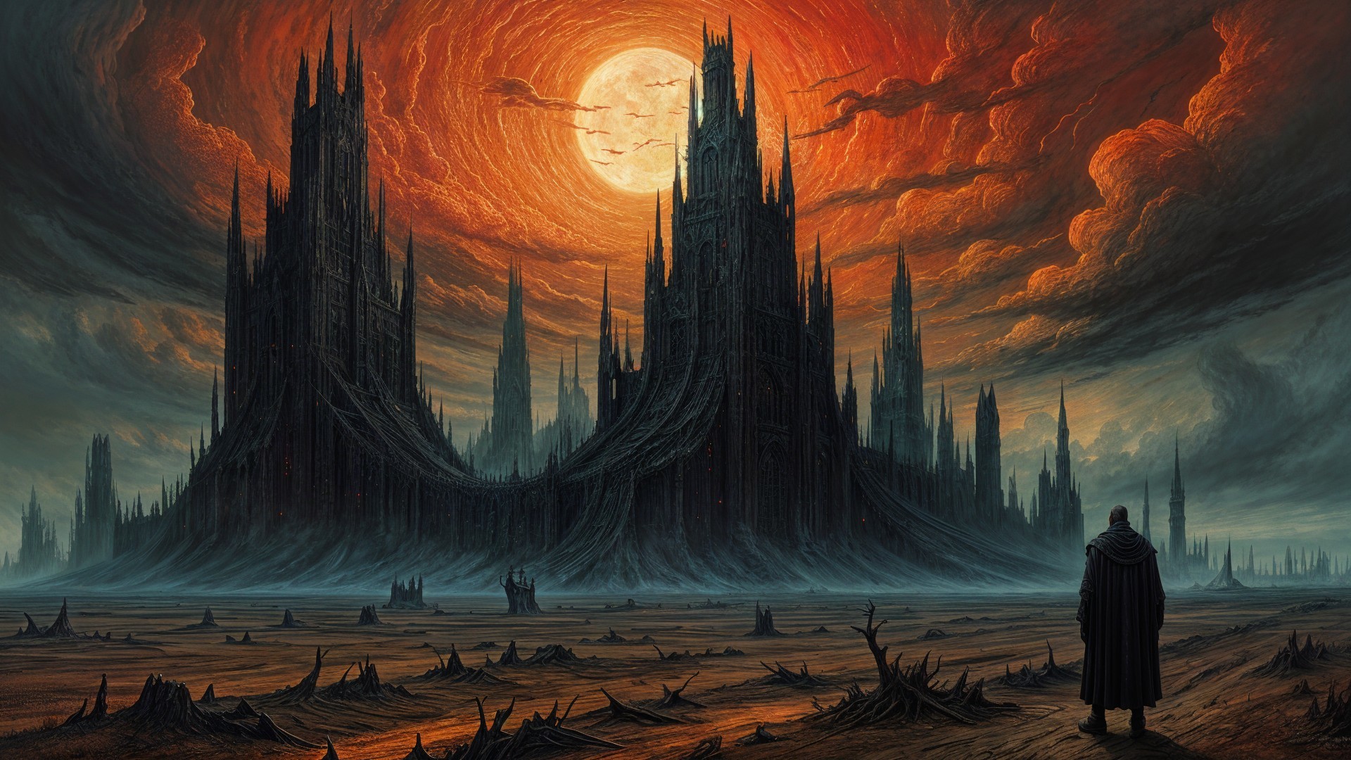 Dark Landscape with Fiery Sun and Towering Spires