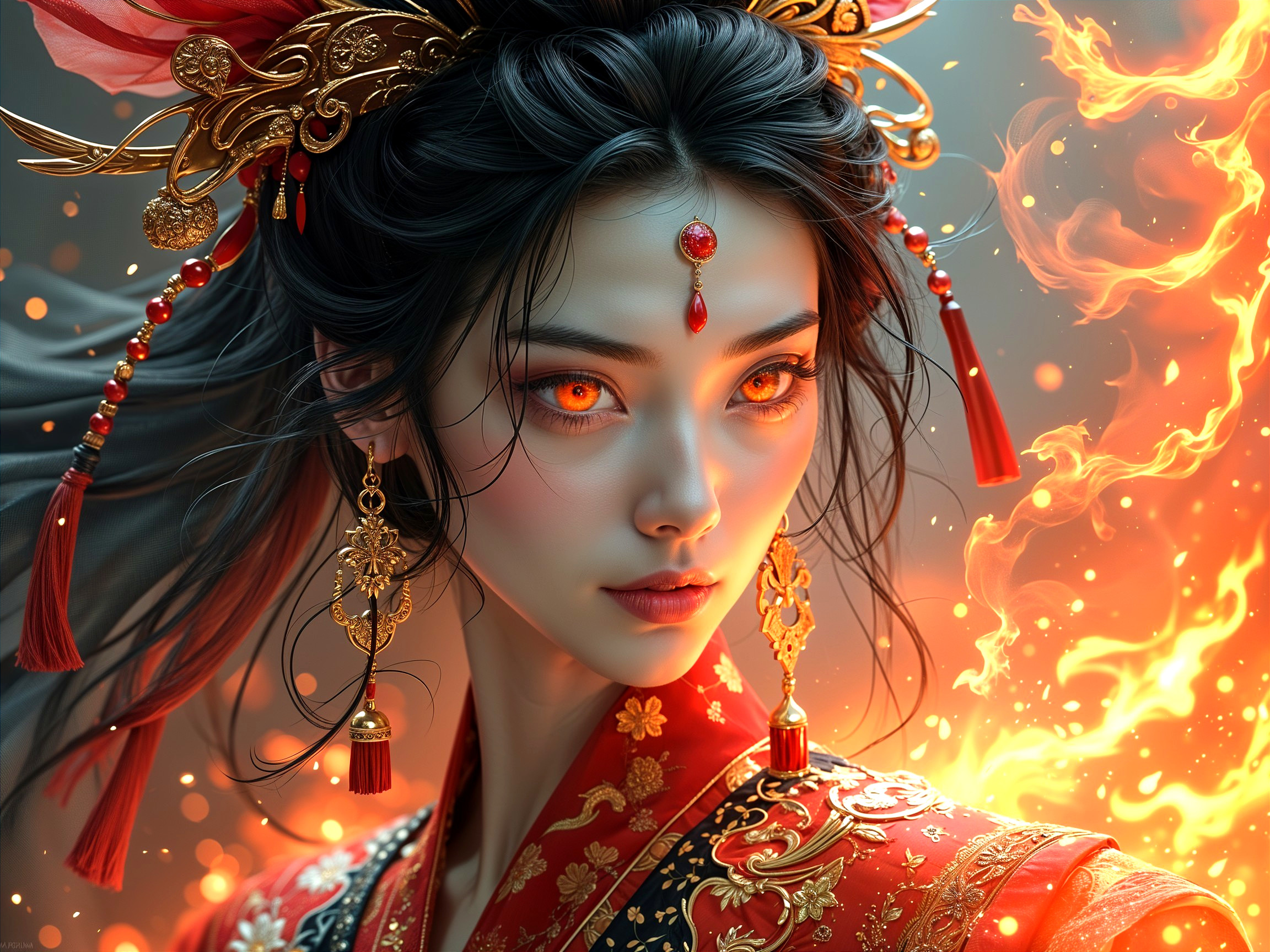 Portrait of a Woman with Black Hair and Fiery Eyes