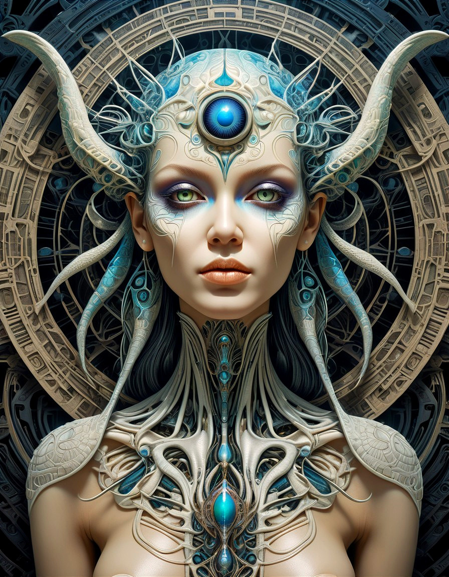 Futuristic figure with mechanical elements and geometric design