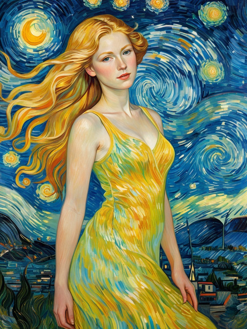 Young Woman in Yellow Dress Against Starry Sky