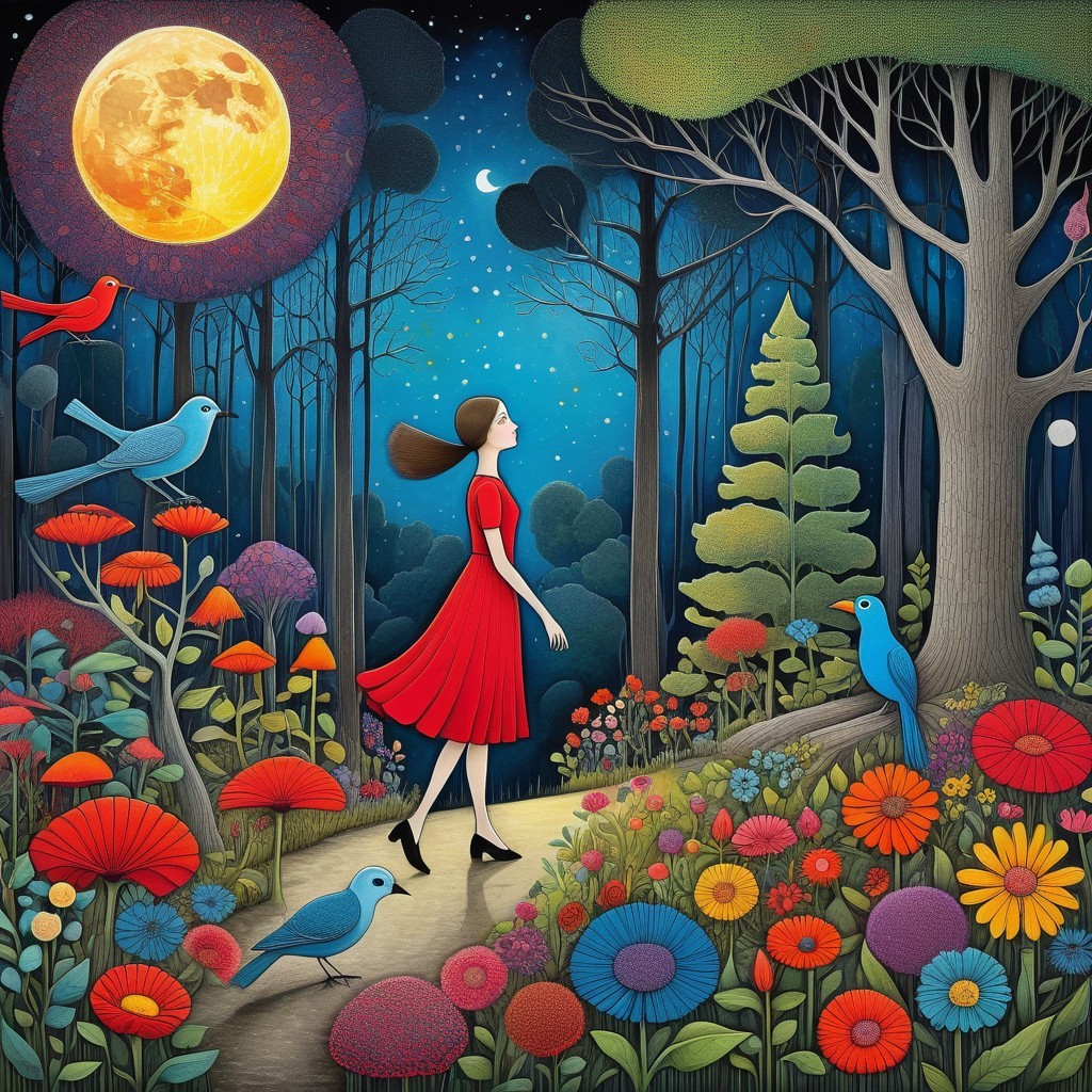 Young woman in red dress on whimsical forest path