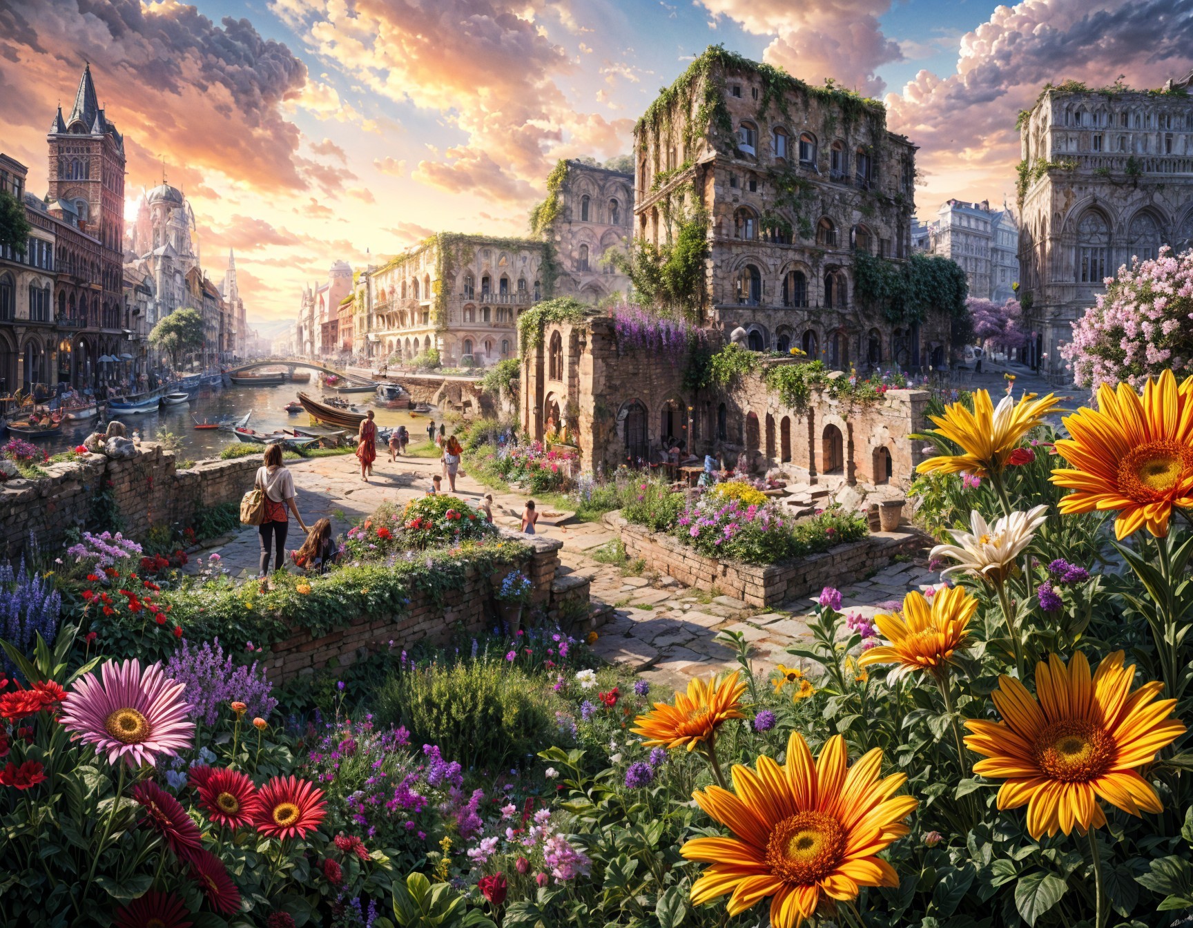 Vibrant Overgrown Cityscape with Ancient Ruins