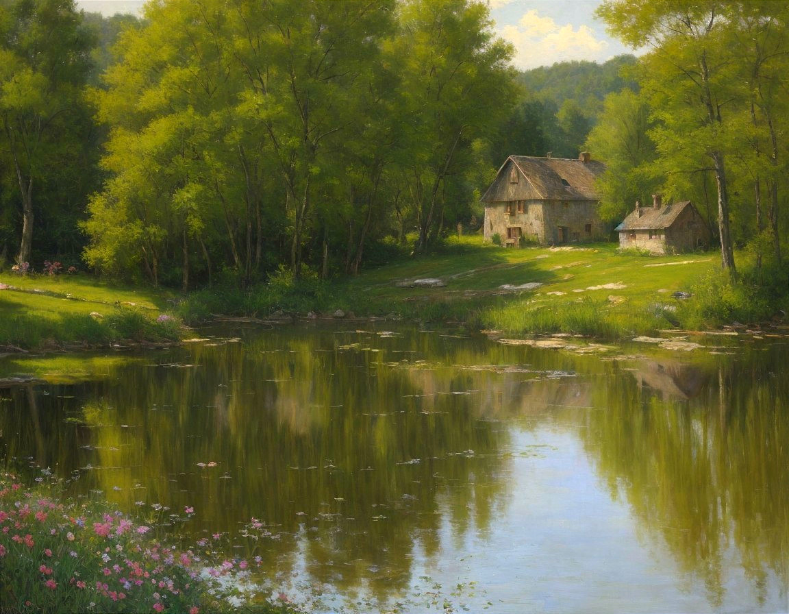 Tranquil Pond Surrounded by Rustic Houses and Nature