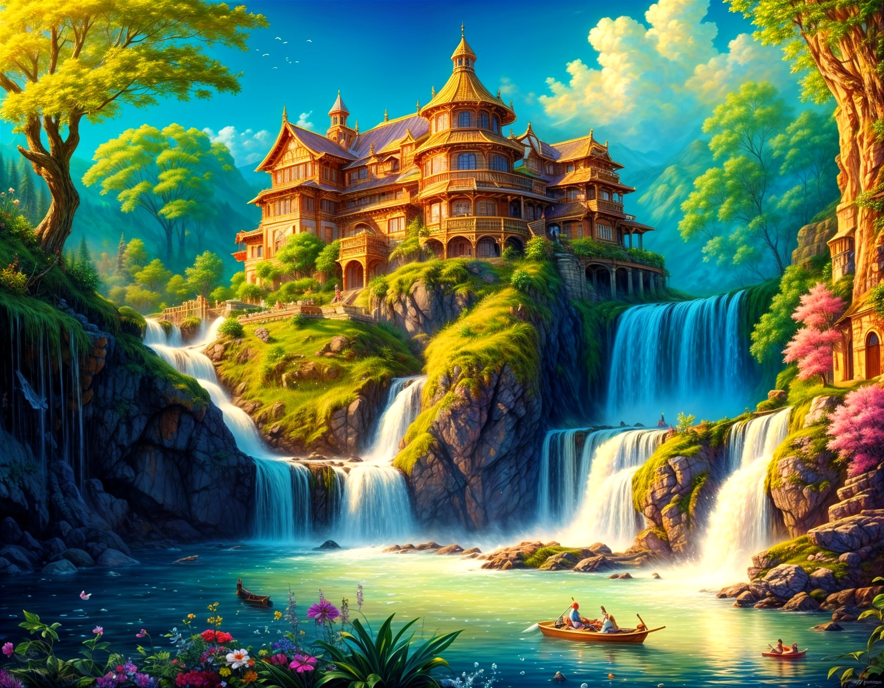 Majestic Castle Overlooking Serene Lake and Waterfalls