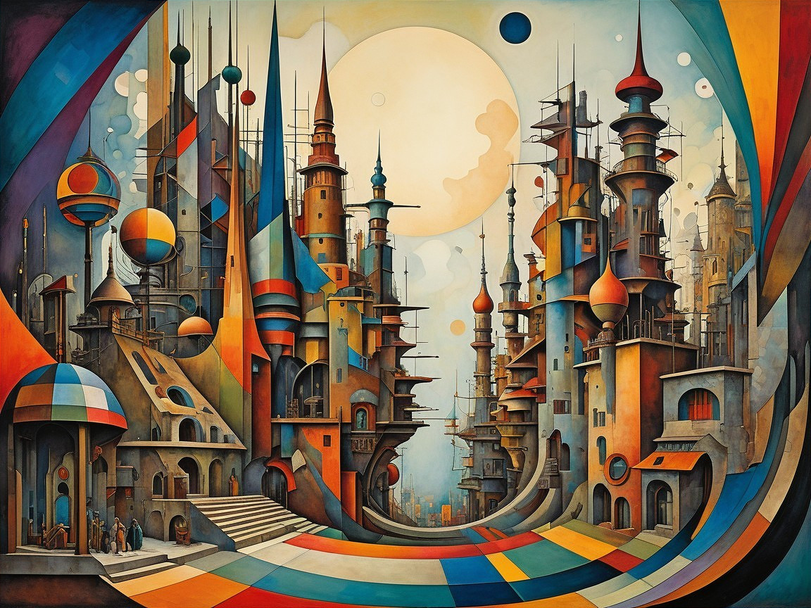 Surreal Cityscape with Colorful Spires and Moonscape