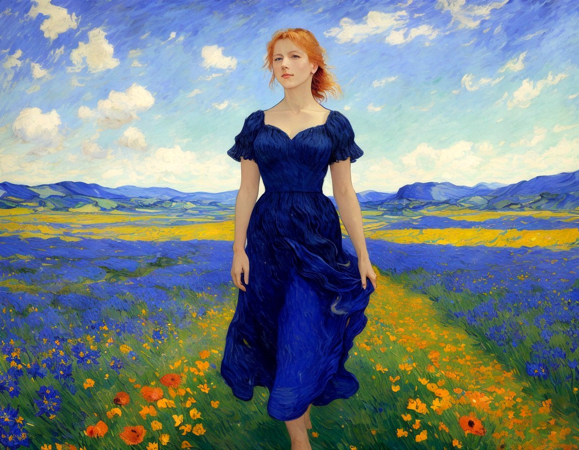 Woman in Blue Dress in Colorful Flower Field