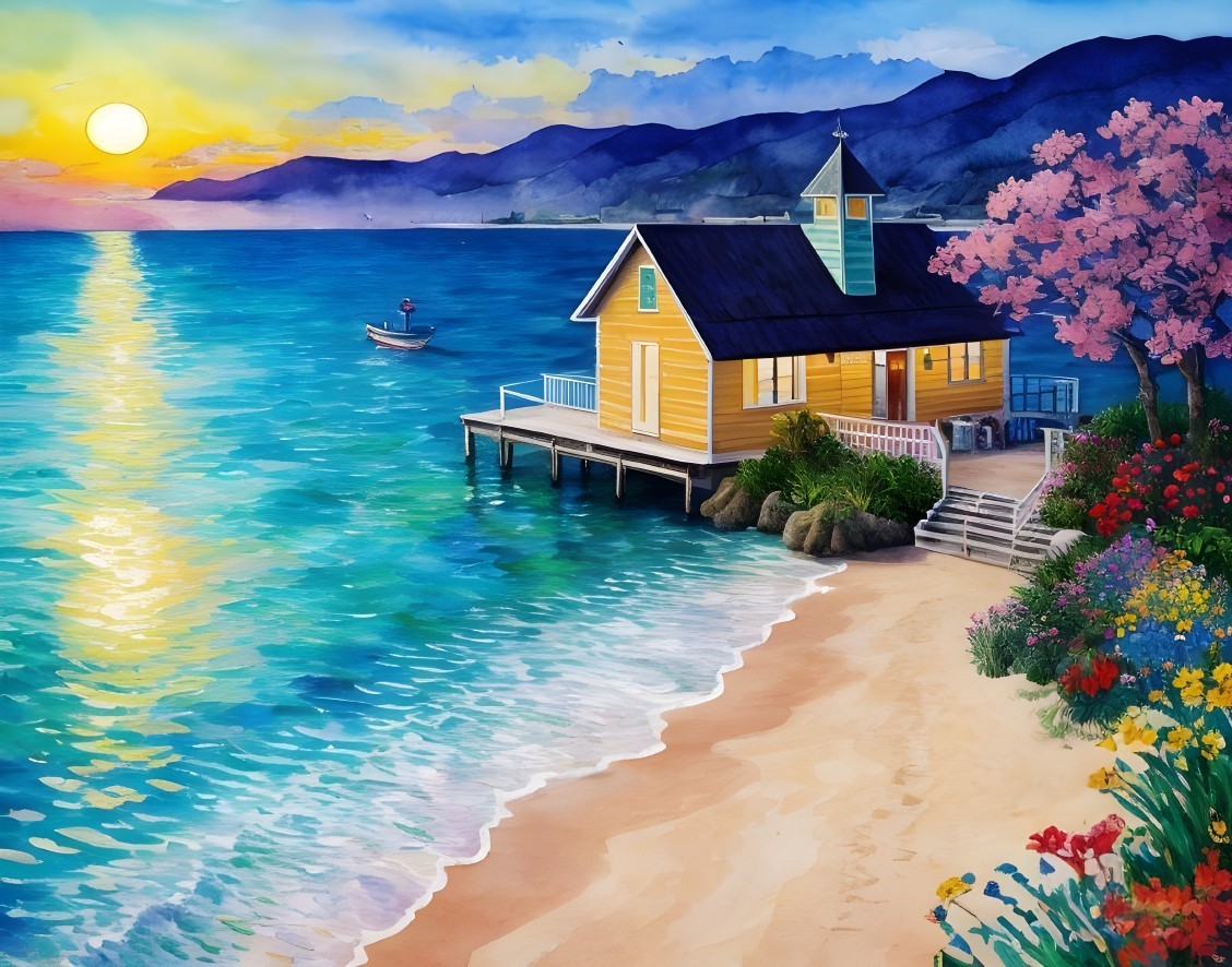 Fantasy Sunset Retreat: Watercolor Dream