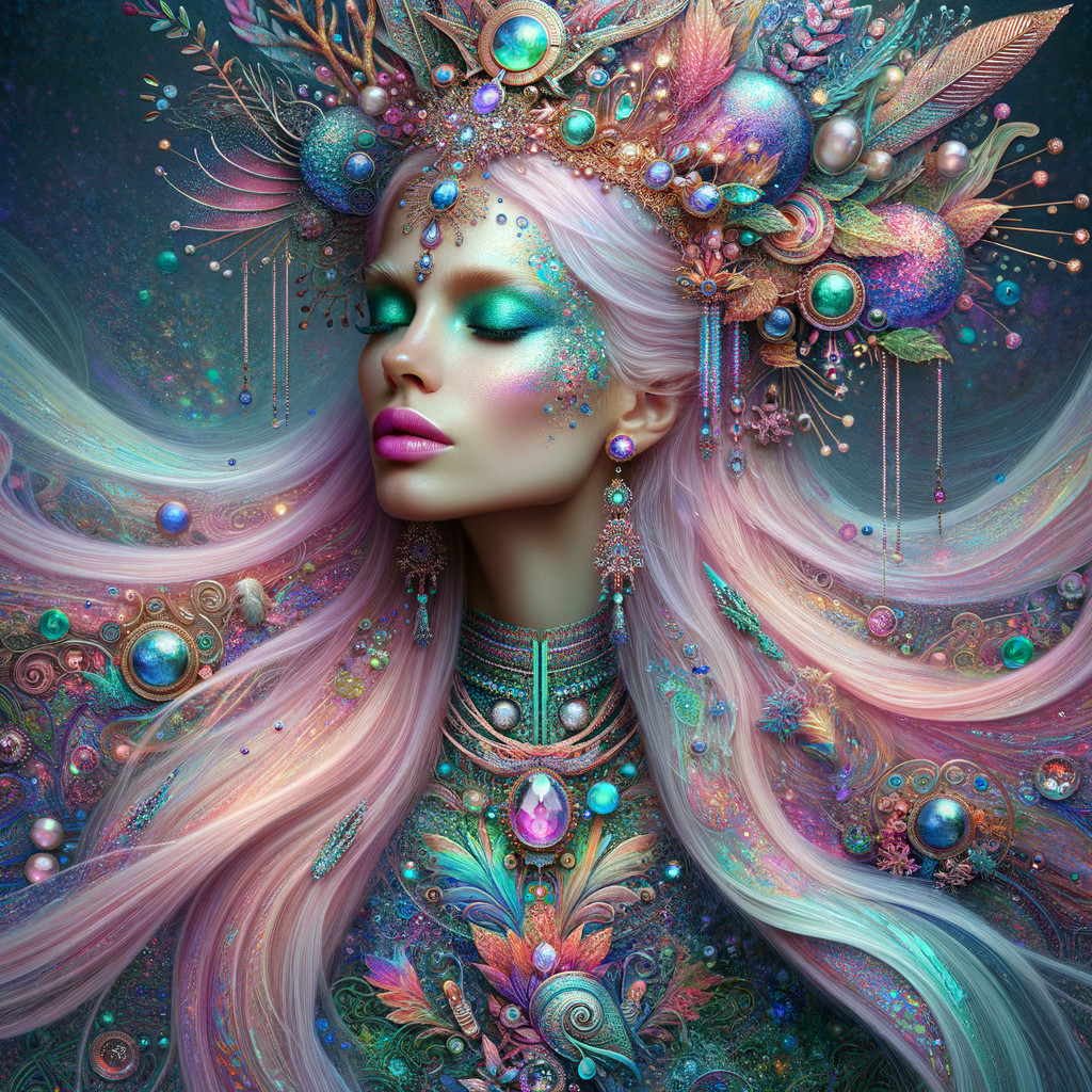 Portrait of a woman with pastel hair and jeweled headdress