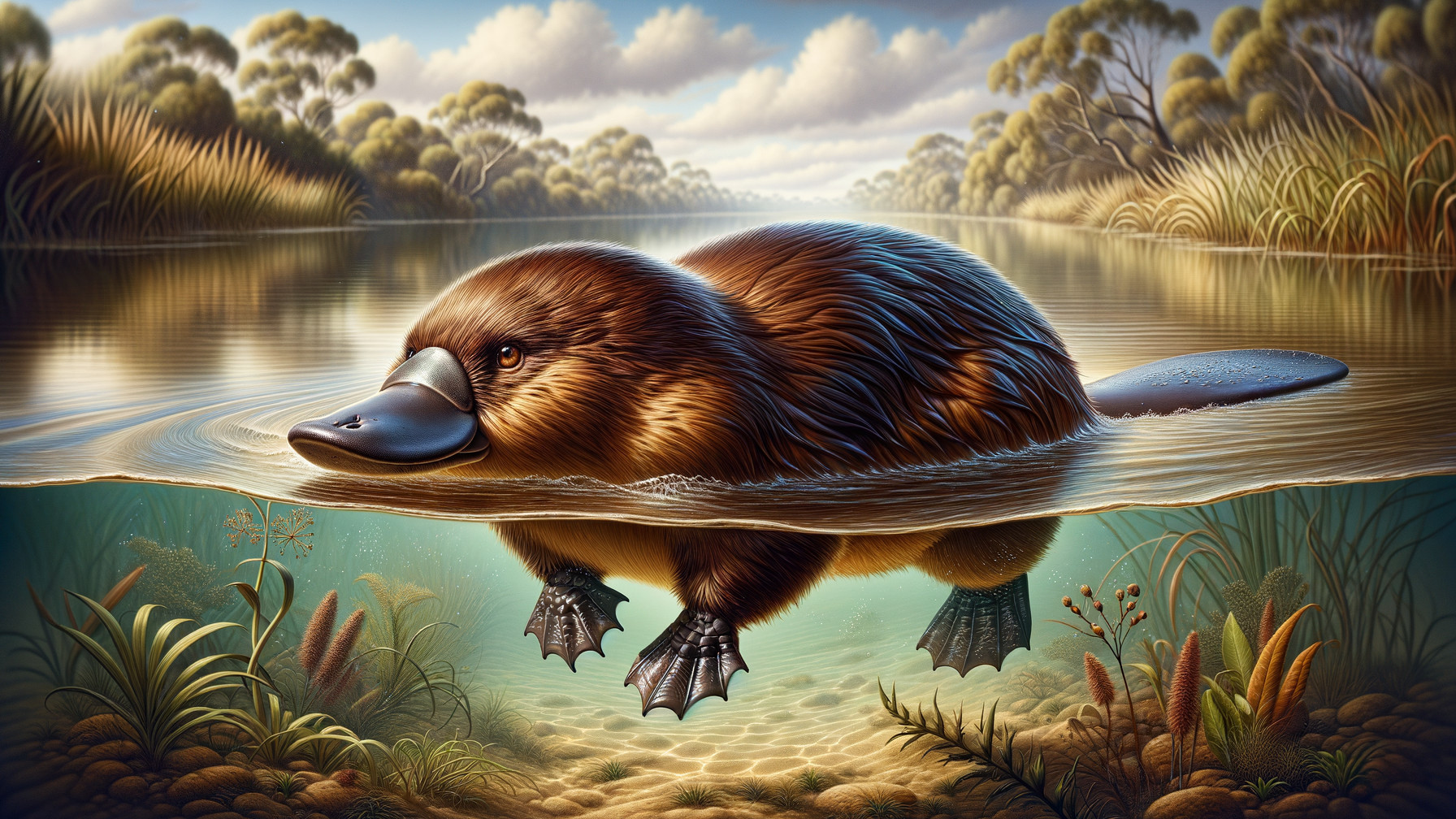 Platypus Swimming in a Calm River Landscape