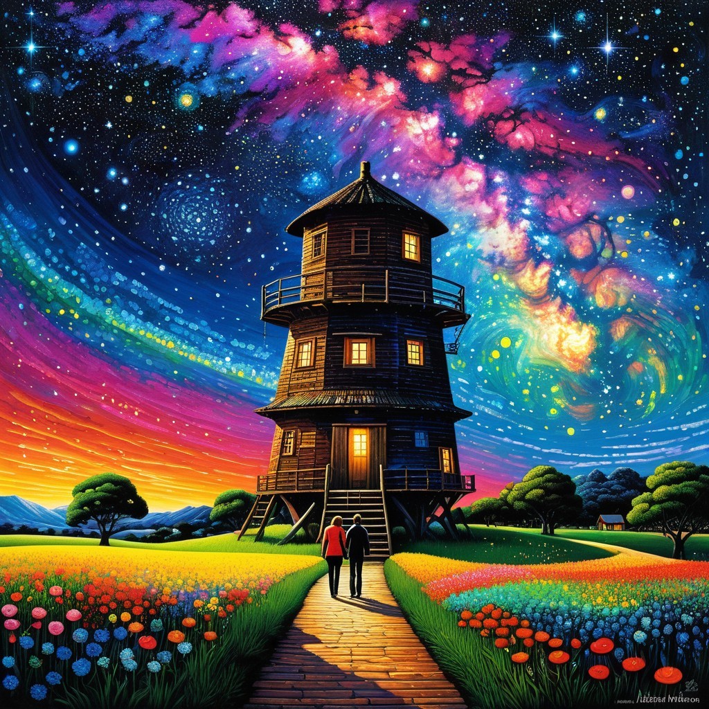 Couple Walking Toward Whimsical Tower in Surreal Landscape
