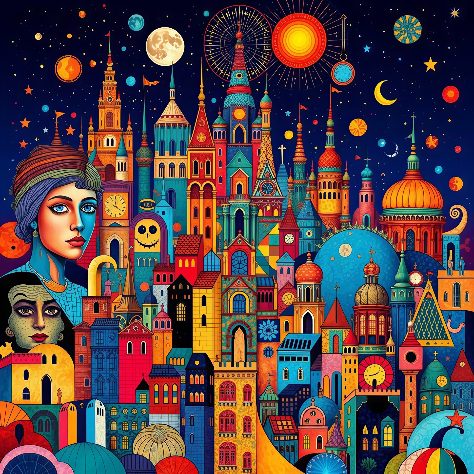 Colorful Surreal Night City Painting with Stylized Faces