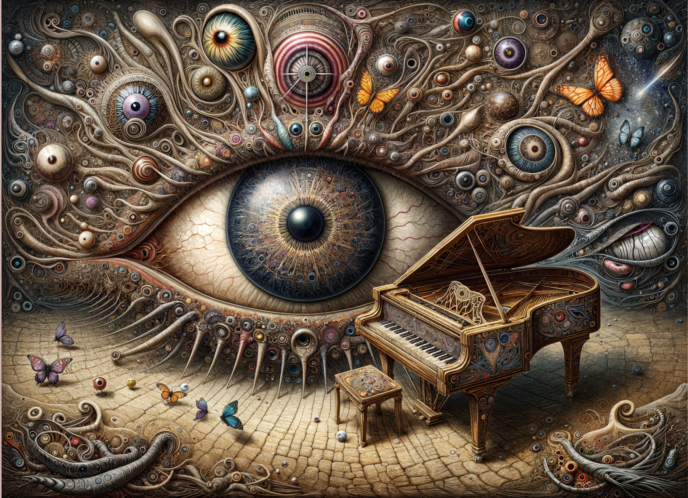 Surreal Scene with Grand Piano and Watchful Eye