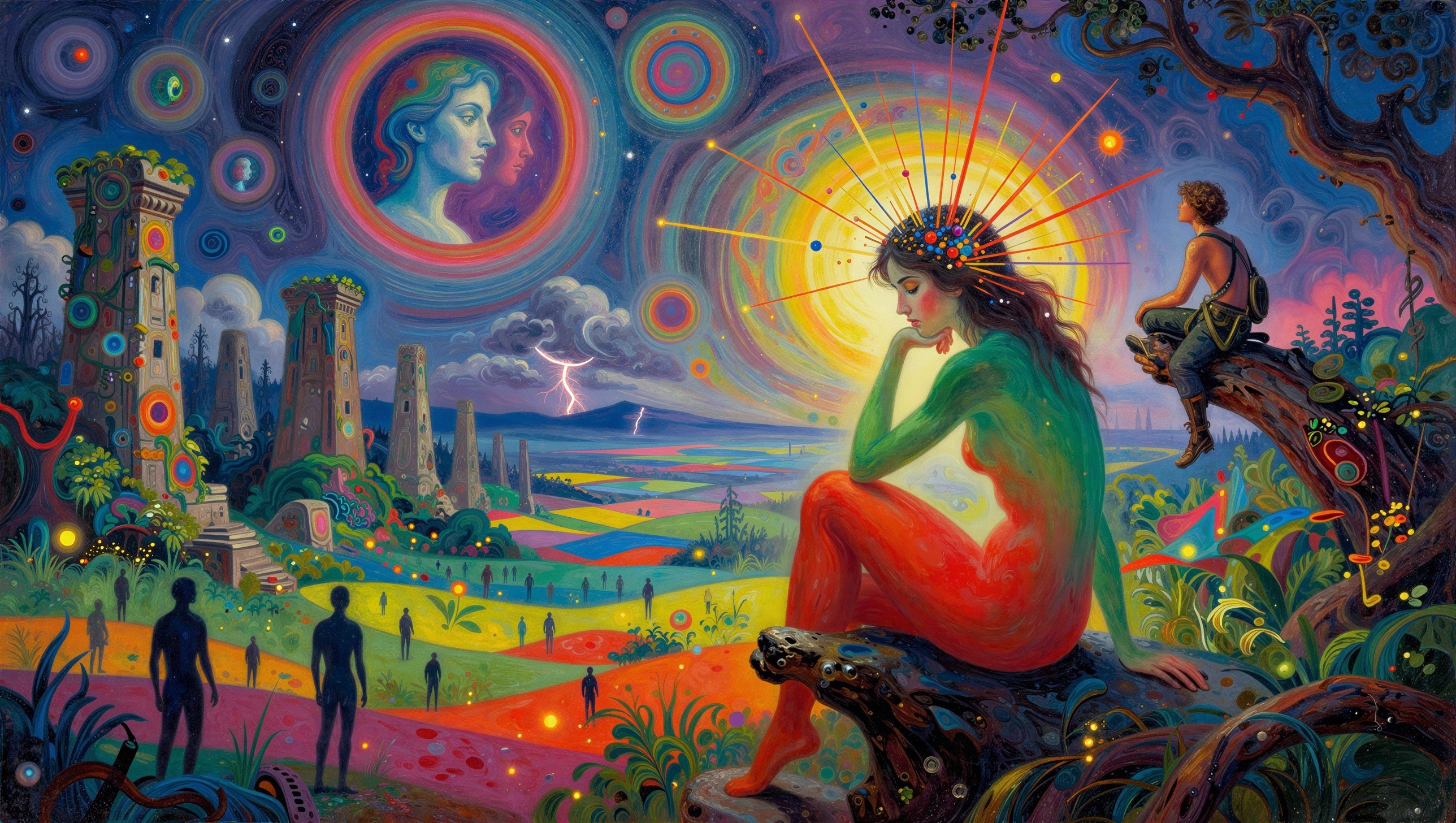 Psychedelic Landscape with Colorful Figures and Towers