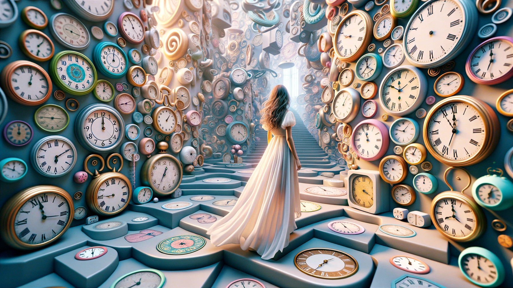 Woman in White Dress Among Colorful Clocks and Light