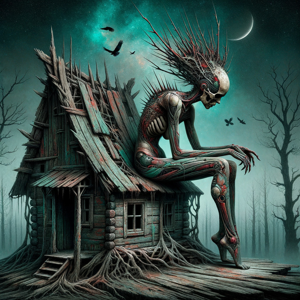 Skeletal Figure on Cabin Edge in Eerie Forest Scene