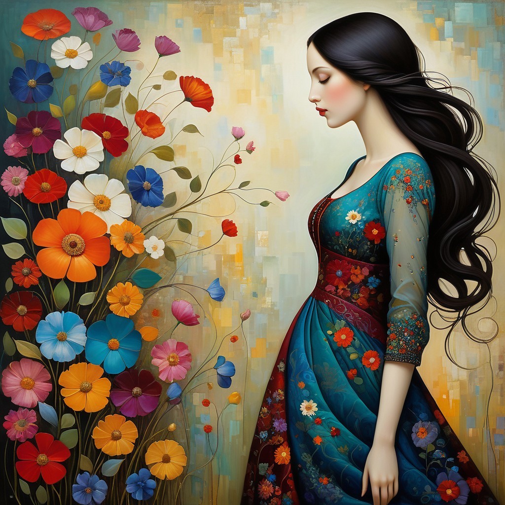 Serene Woman in Vibrant Floral Setting with Dress