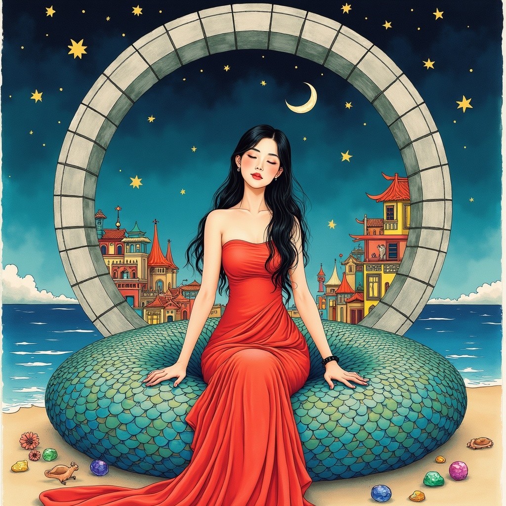 Serene Woman in Red Gown by Tranquil Seaside Night