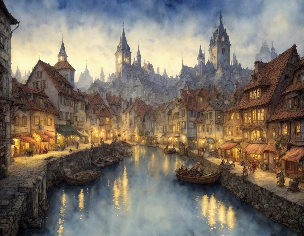 Twilight Scene of a Medieval Town by a Canal
