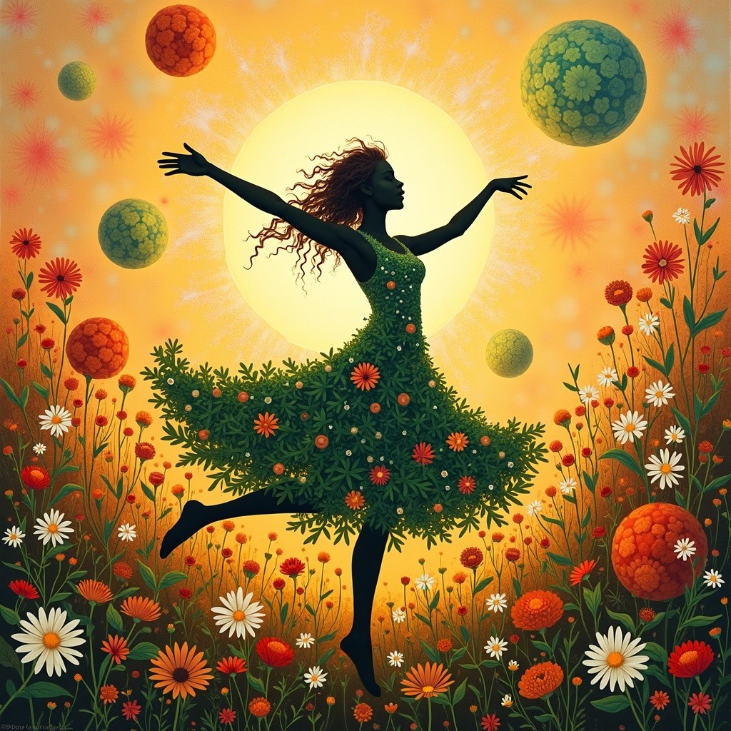 Silhouette of a Woman Dancing in a Vibrant Garden