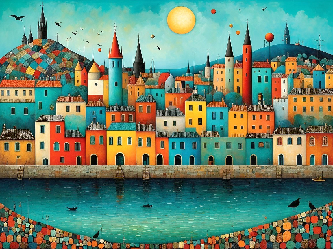 Colorful Cityscape with River and Rolling Hills