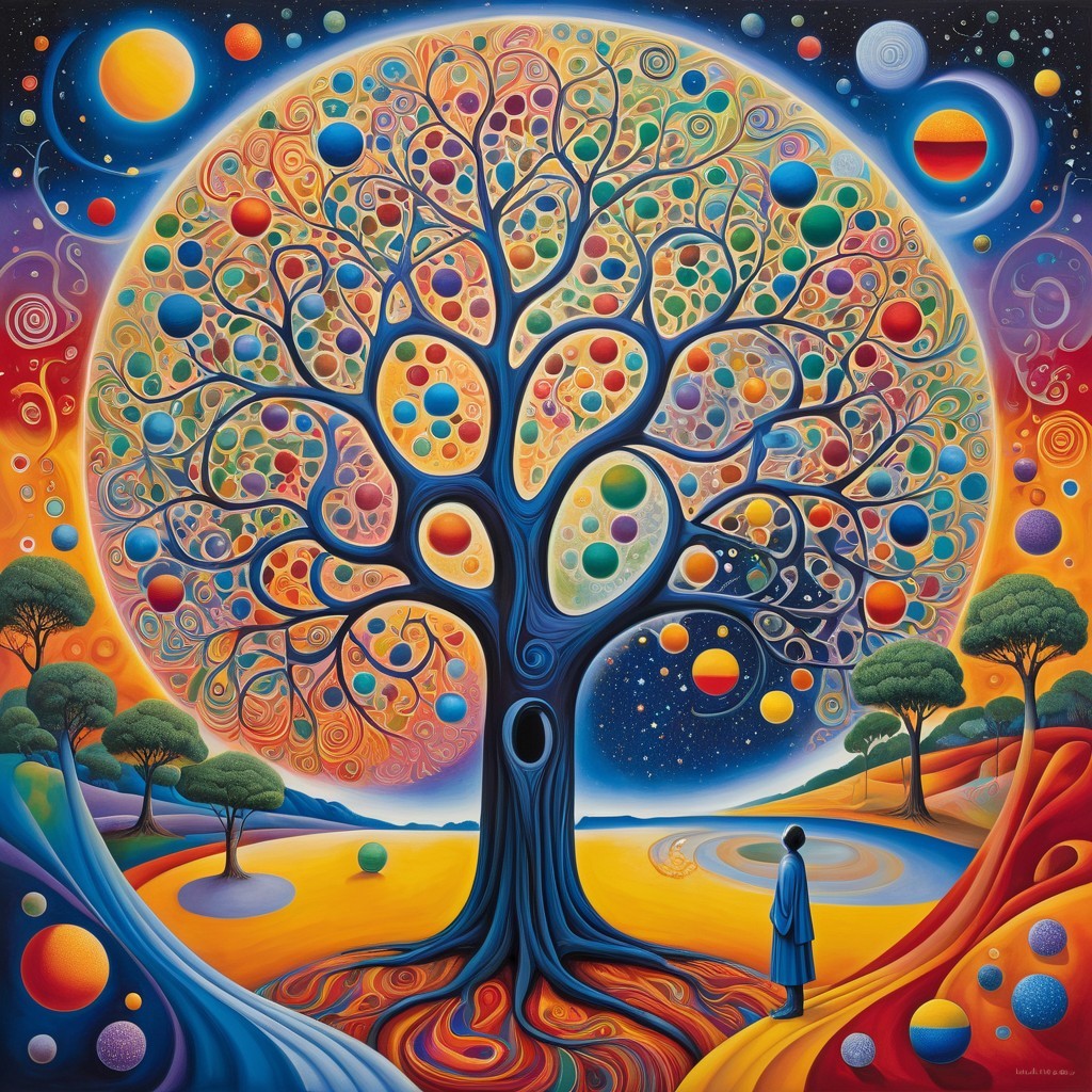 Cosmic Tree with Colorful Orbs and Swirling Galaxies