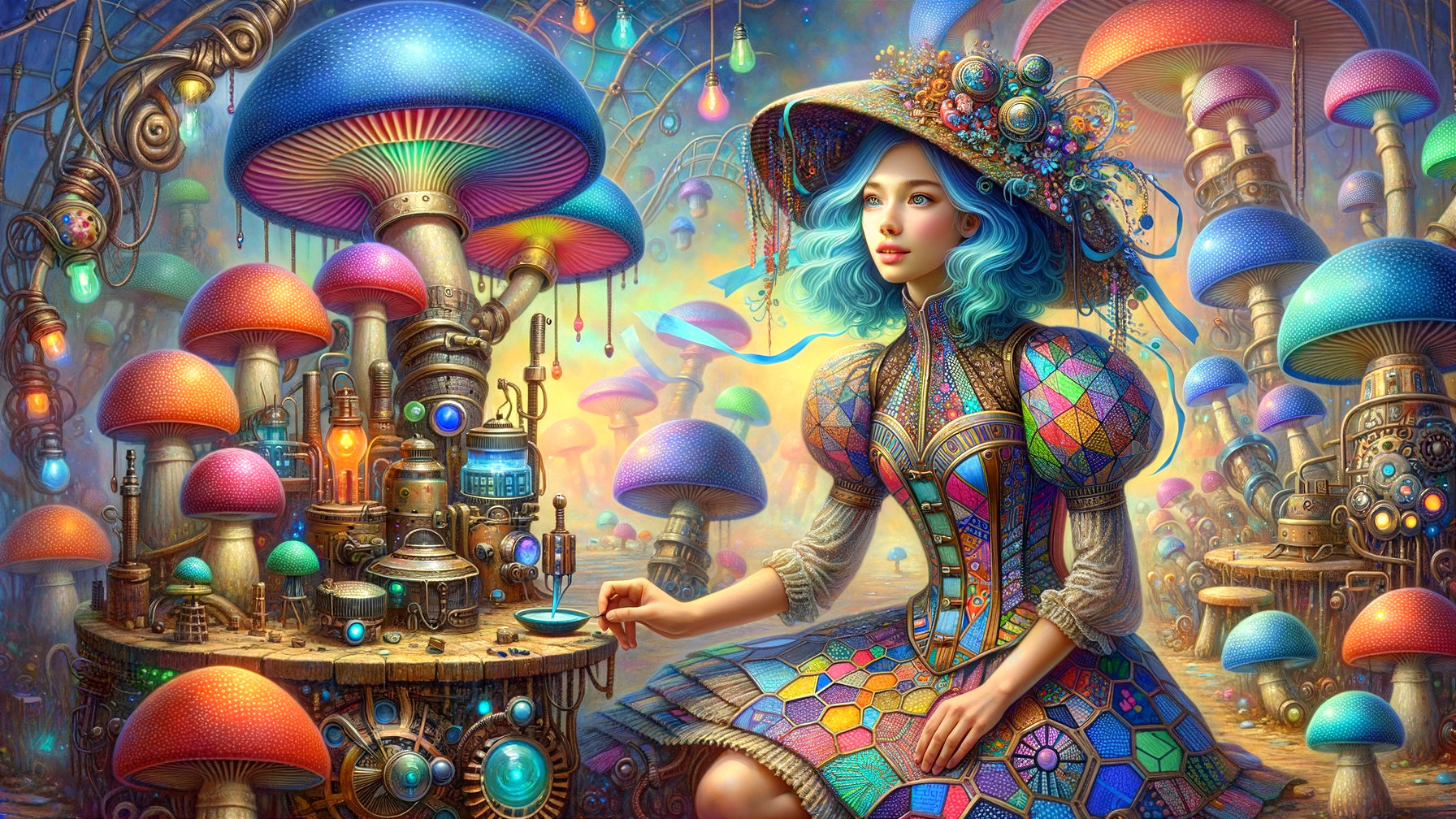 Whimsical Landscape with Vibrant Blue-Haired Woman