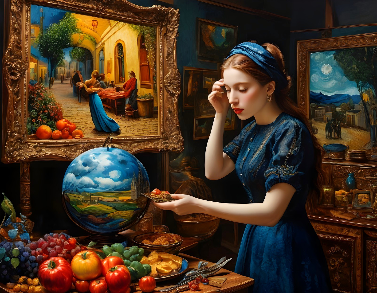 Young woman in blue gown in ornate room with fruits