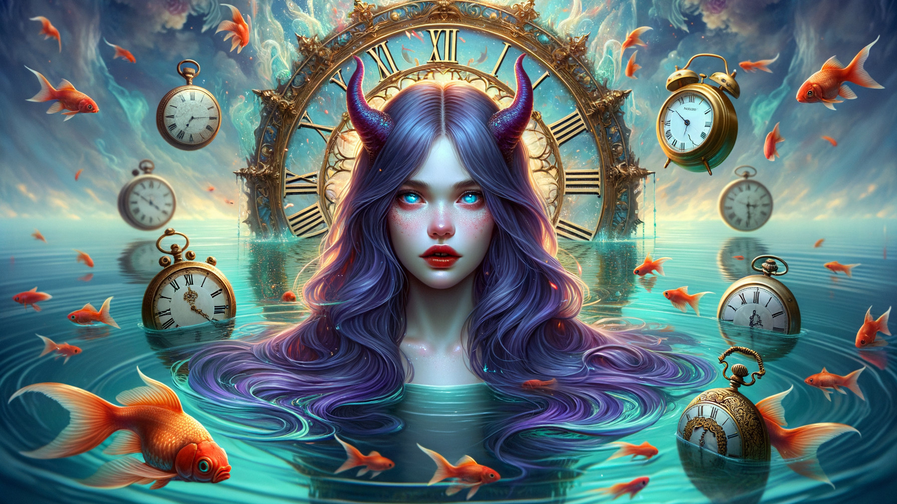 Mystical figure in shimmering waters with golden clocks