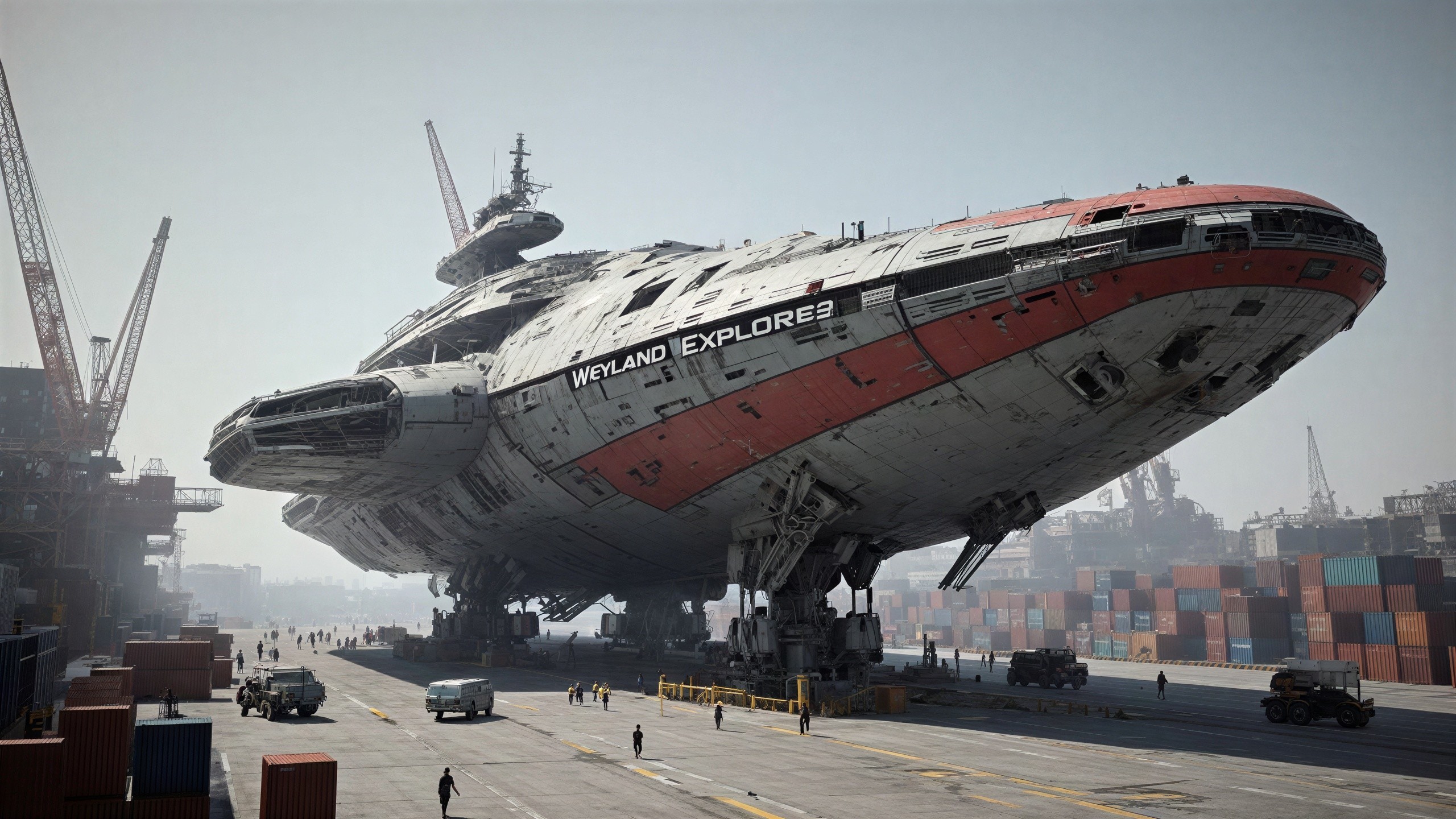 Weathered Sci-Fi Spaceship Docked in Industrial Port