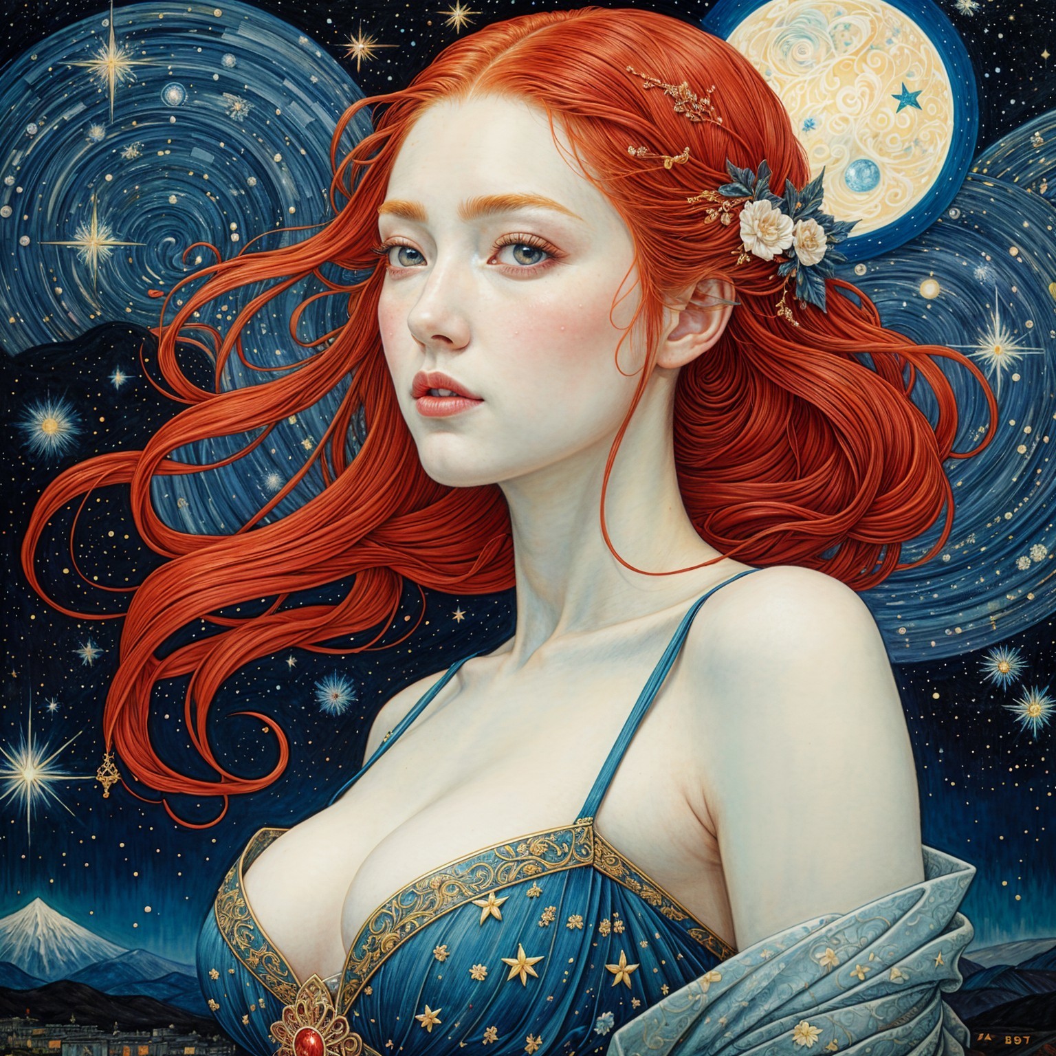 Portrait of a Woman with Red Hair in Night Sky