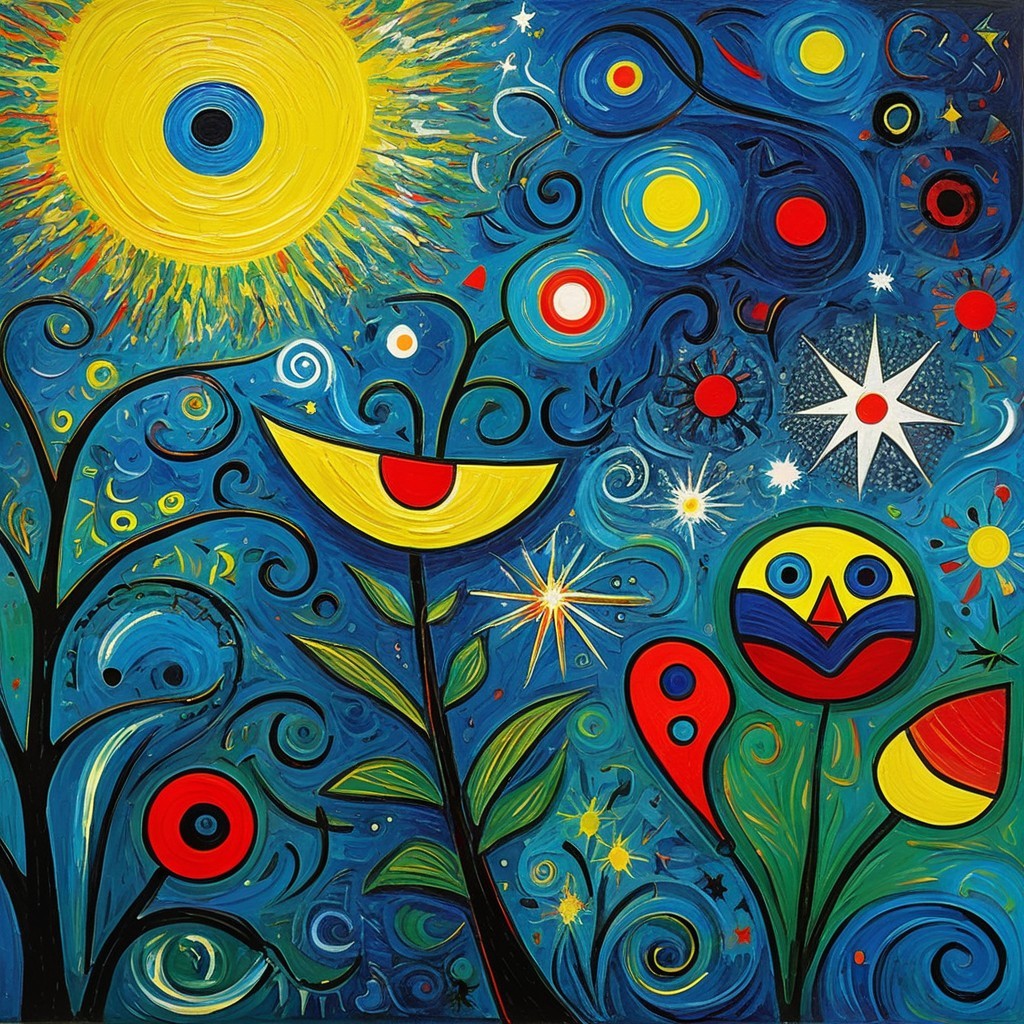 Vibrant Abstract Painting with Sun and Whimsical Flowers