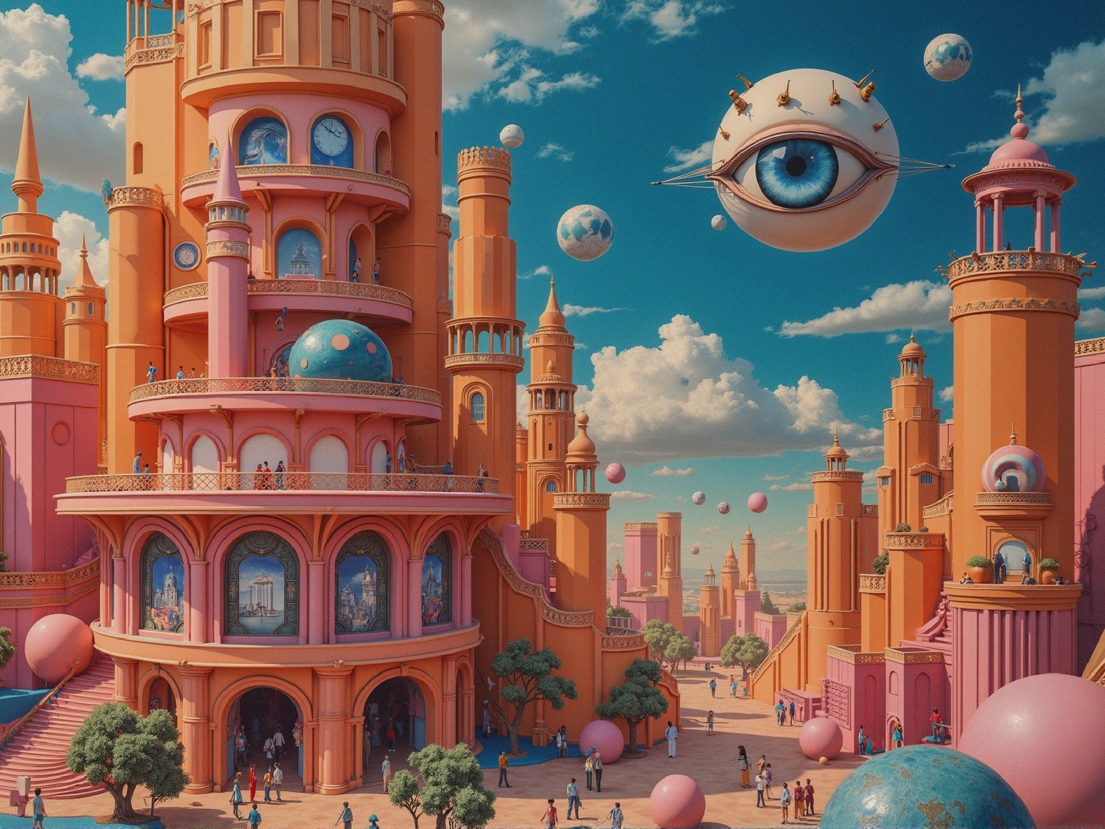 Whimsical Fantasy Landscape with Pink Castles and Spheres
