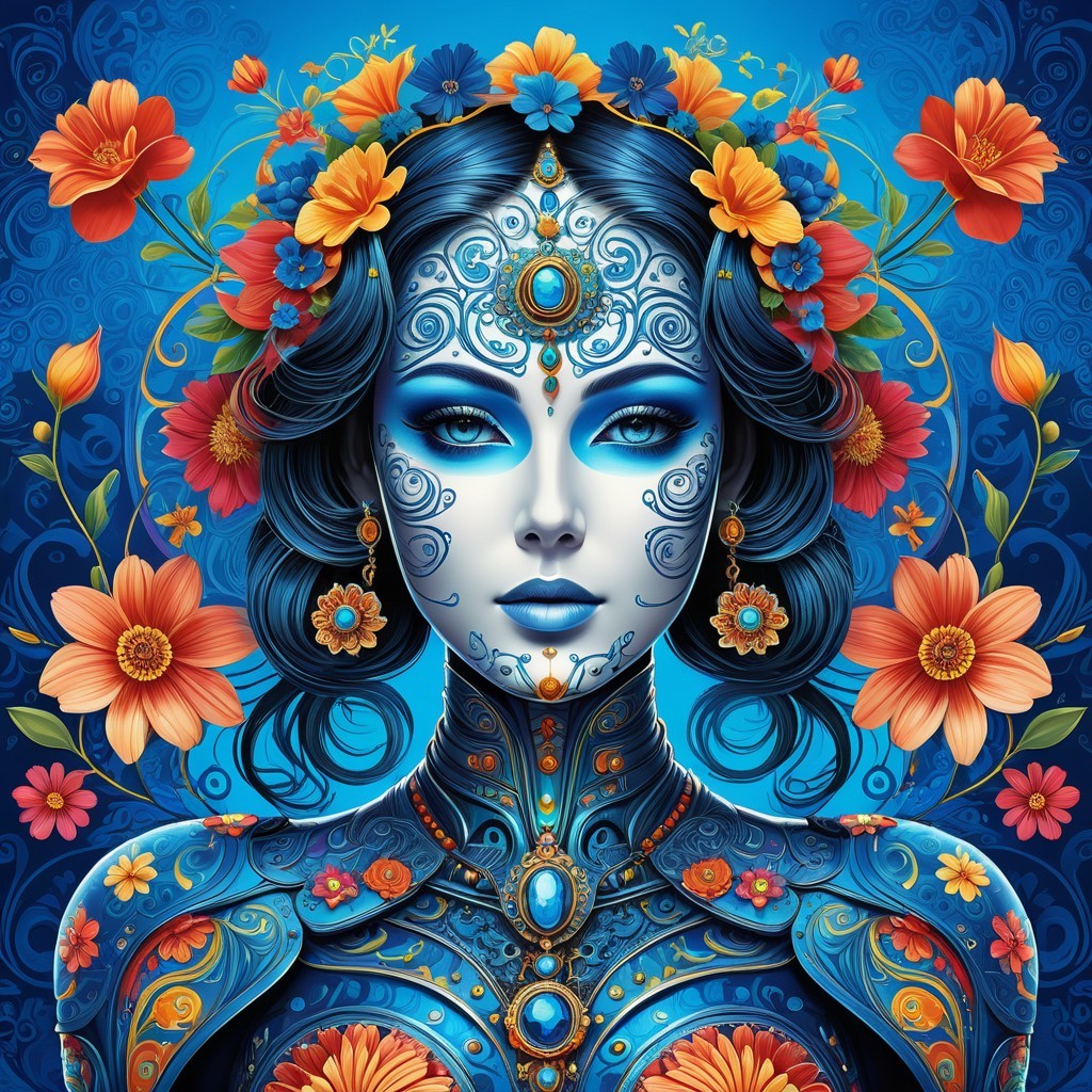 Intricate Figure with Blue Complexion and Floral Elements