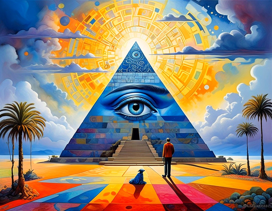 Vibrant Pyramid with Eye and Figure in Surreal Scene