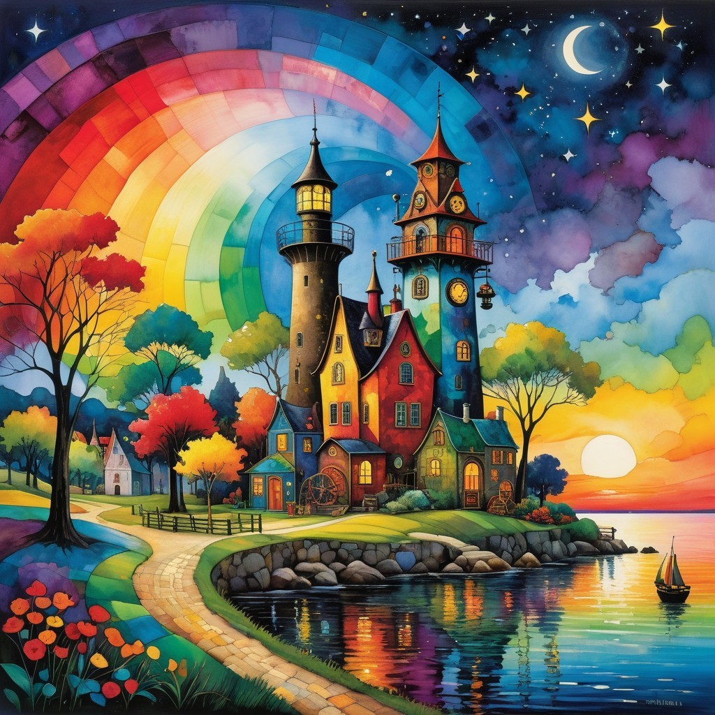 Whimsical Castle Scene by Tranquil Lake at Sunset