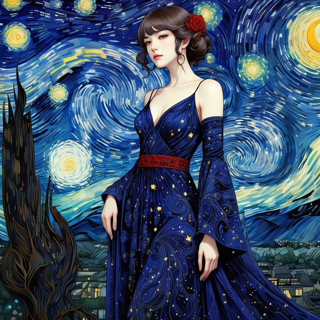 Woman in Blue Gown Against Starry Night Sky