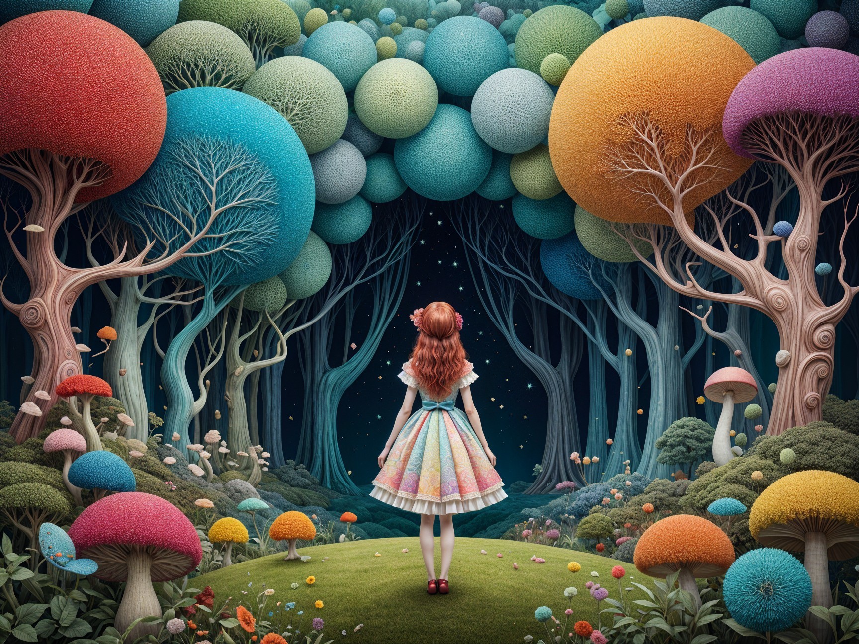 Whimsical Forest Scene with Colorful Trees and Flowers