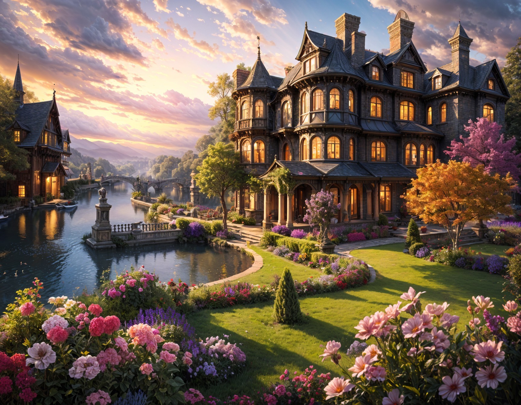 Mansion by River Surrounded by Vibrant Gardens and Sunset