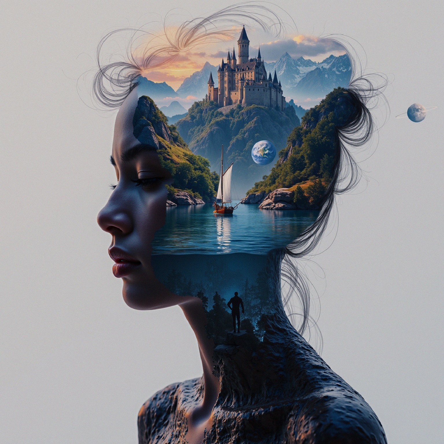 Silhouette of a woman's head with a fantasy landscape