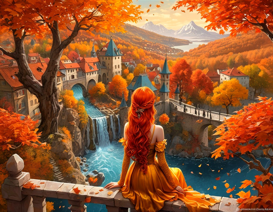 Autumn Landscape with Waterfall and Village Scene