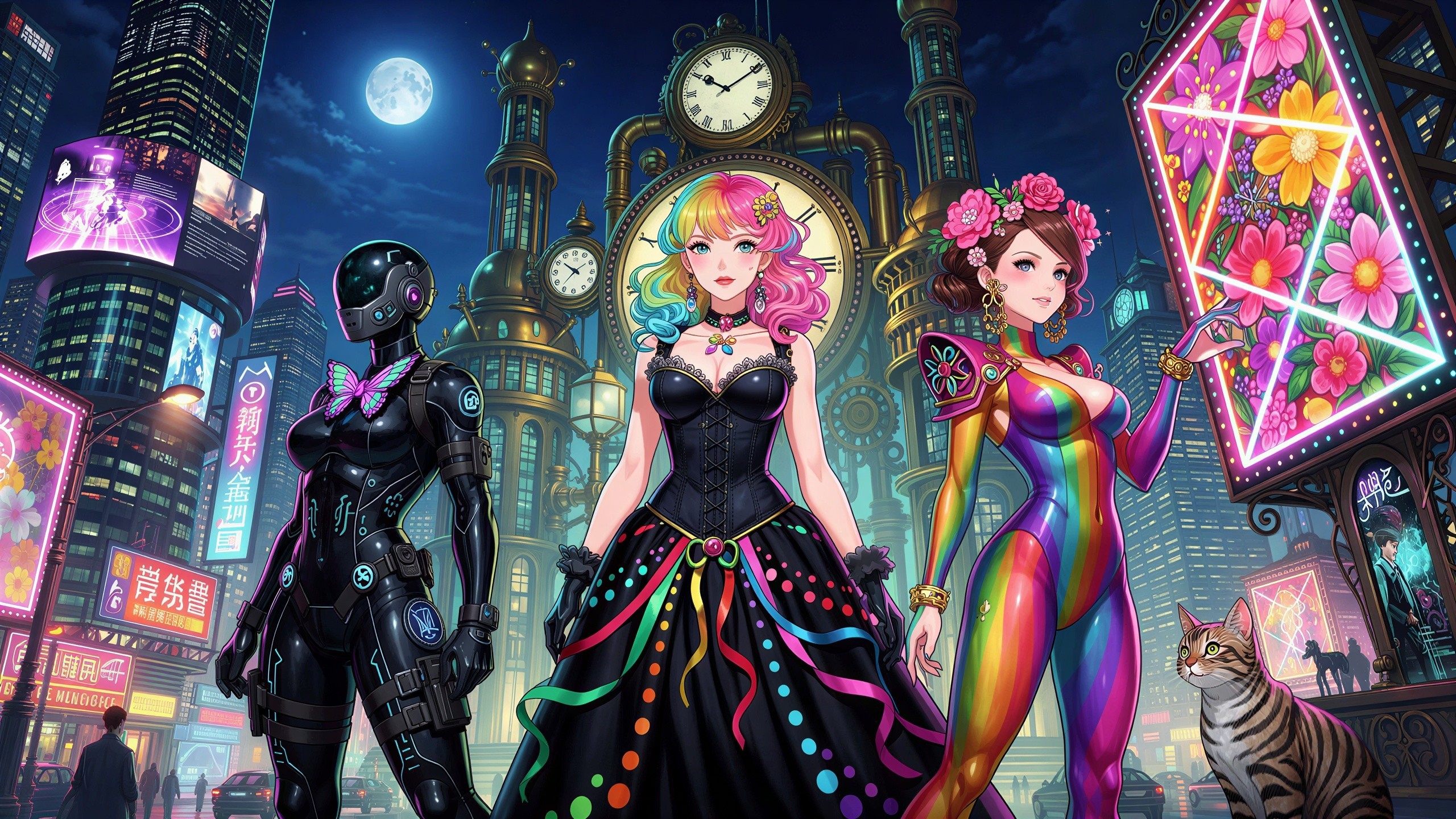 Anime Women in Futuristic City at Night