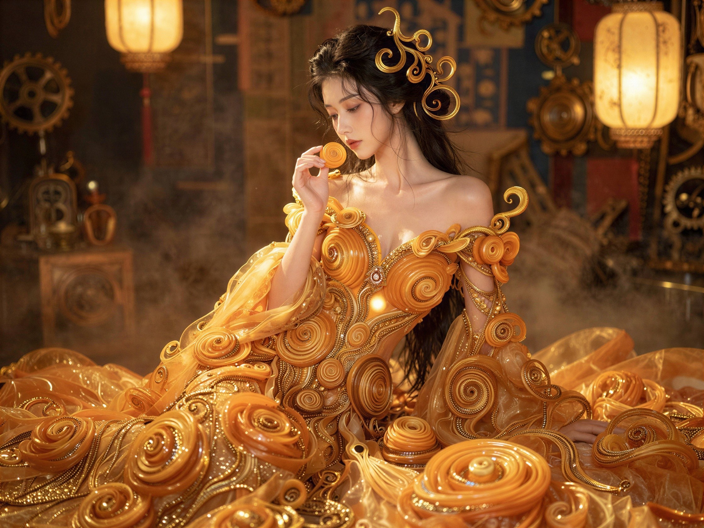 Elegant Woman in Golden Gown with Hair Ornament